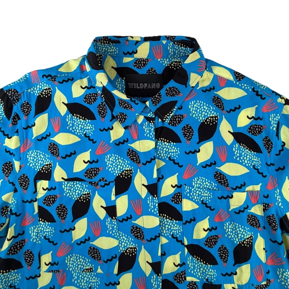 Wildfang Womens Abstract Botanical Print Short Sleeve Button Down Shirt Blue L